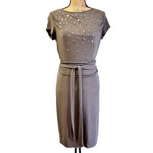Ambiente Women's Dark Beige Studded Belted Lined Knee Length Sheath Dress Sz 8